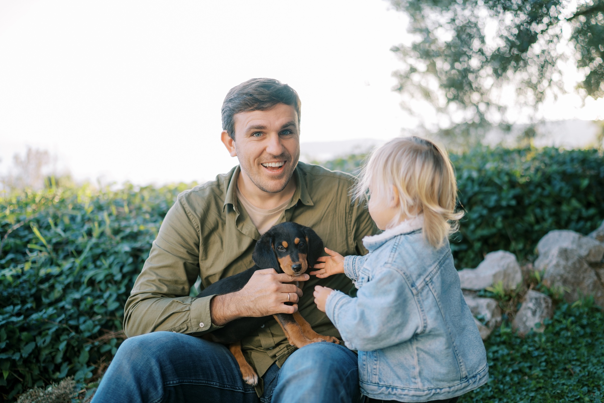 Little girl petting a puppy on the lap of a smiling dad sitting on the grass